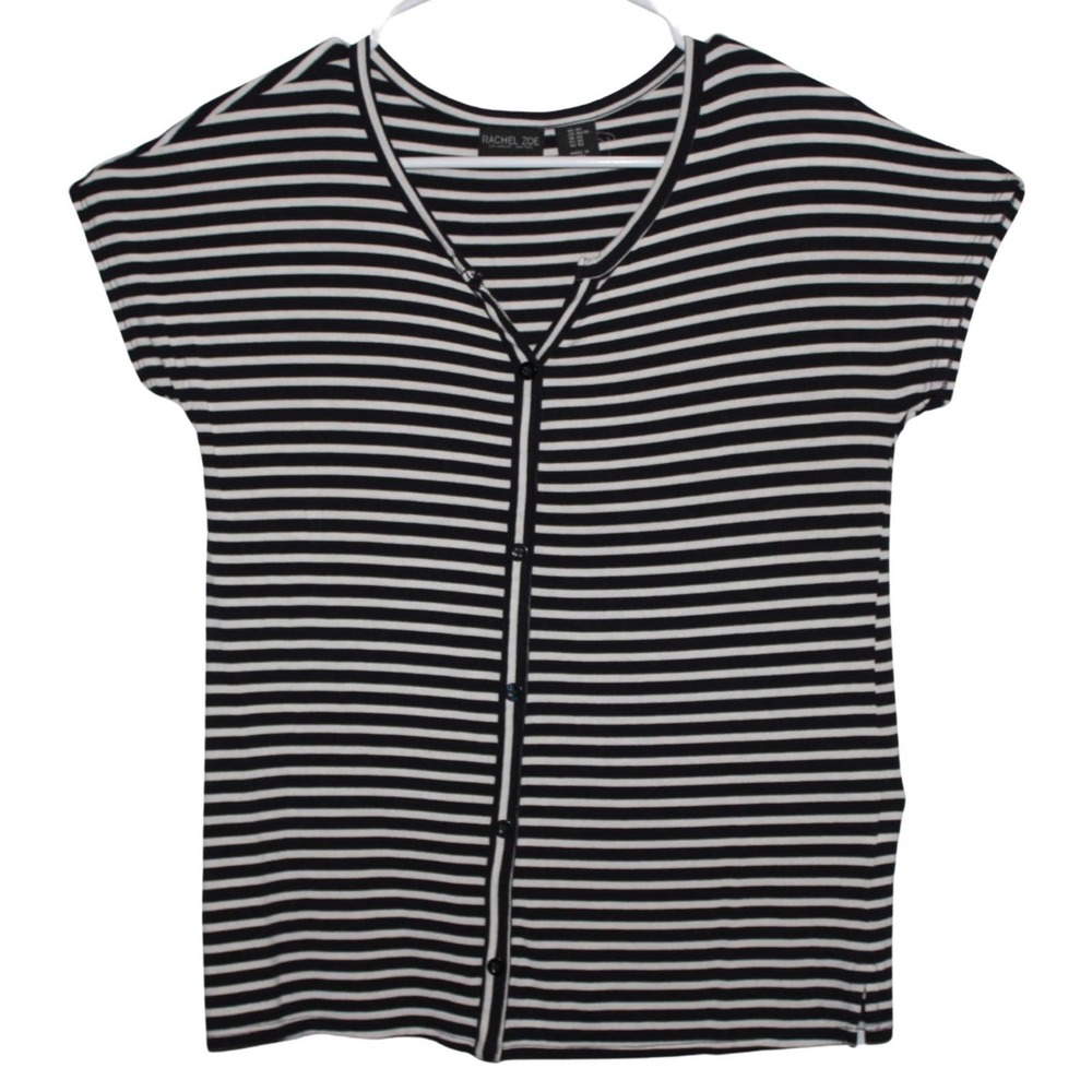 Women's Rachel Zoe Black White Stripes Short Sleeve Button Down Shirt Size XS